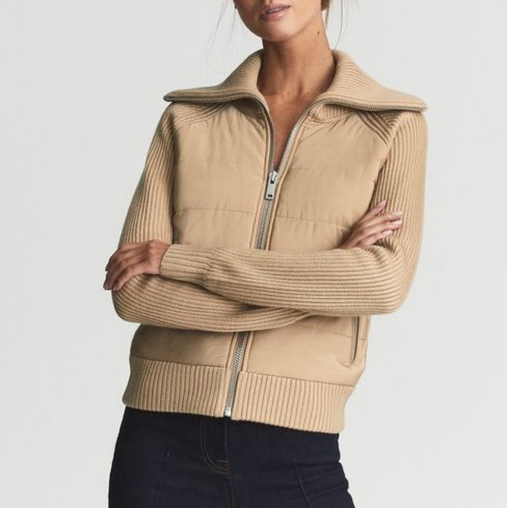 Reiss Beige Multi-Media Knit Zip-Up Funnel Neck Jacket - Picture 2 of 5